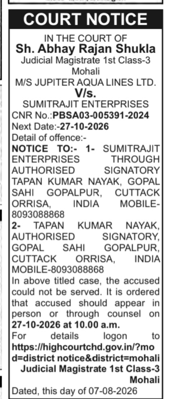 Court Notice: M/S Jupiter Aqua Lines Ltd. V/s. Sumitrajit Enterprises