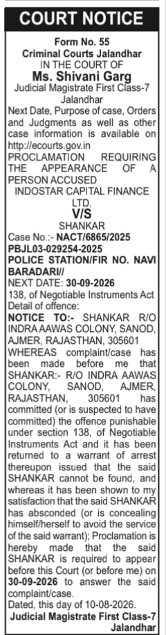 Court Notice Proclamation: Indostar Capital Finance Ltd. V/S Shankar