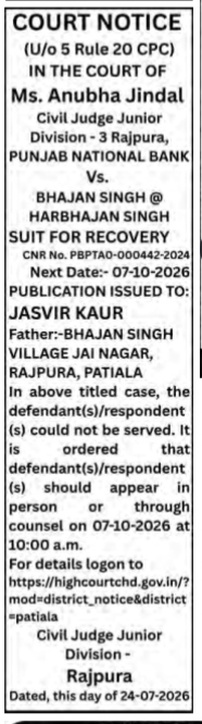 Court Notice: Punjab National Bank Vs. Bhajan Singh & Jasvir Kaur