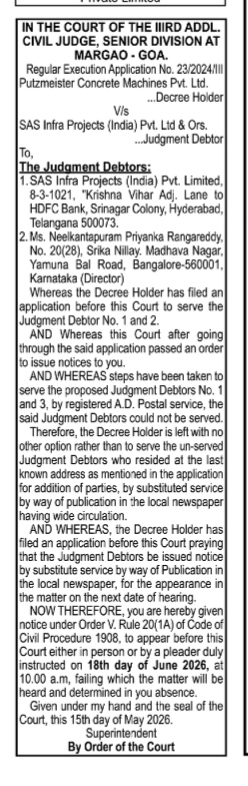 Court Notice: Putzmeister Concrete Machines vs. SAS Infra Projects