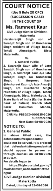 Court Notice: Succession Case (Malerkotla)