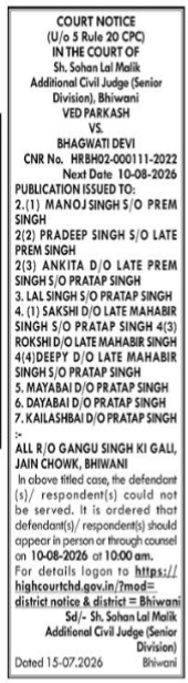 Court Notice: Ved Parkash vs. Bhagwati Devi