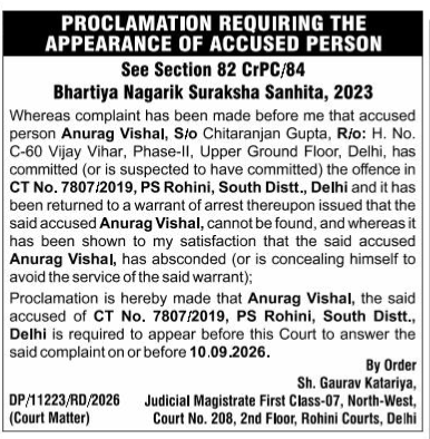 Court Proclamation for Absconding Accused (Anurag Vishal)