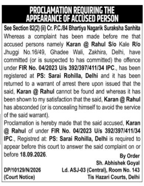 Court Proclamation for Absconding Accused (Karan @ Rahul)