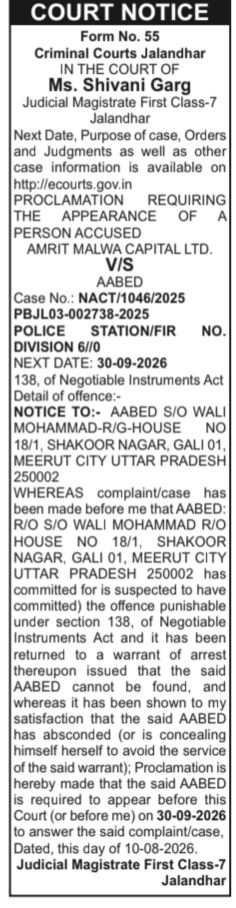 Court Proclamation for Appearance of Accused Under Section 138 (Cheque Bounce)