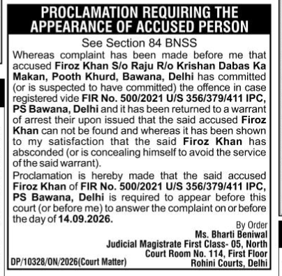 Court Proclamation for Firoz Khan (FIR No. 500/2021)