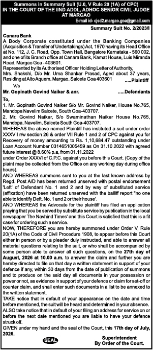 Court Summons Issued to Mr. Gopinath Govind Naiker & Anr. by Canara Bank (Summary Suit No. 2/2023/I)