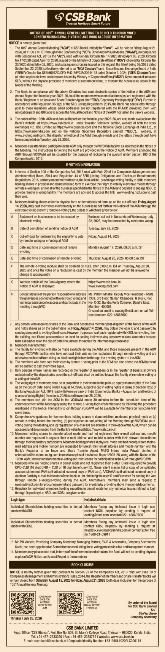 CSB Bank 105th Annual General Meeting Notice (2026)