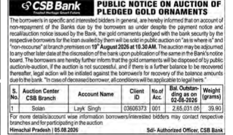 CSB Bank Gold Ornament Auction Notice