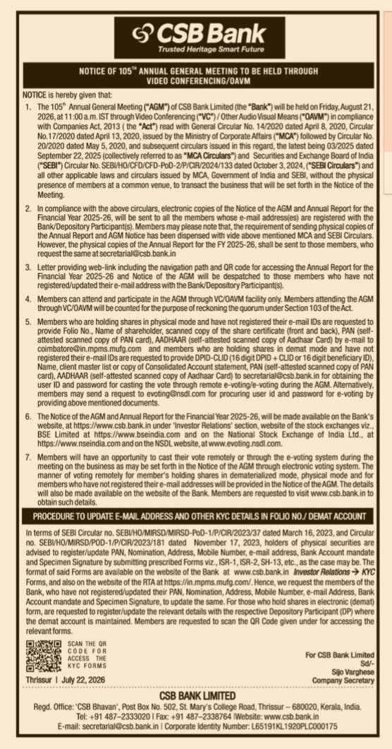 CSB Bank Notice of 105th Annual General Meeting (AGM)
