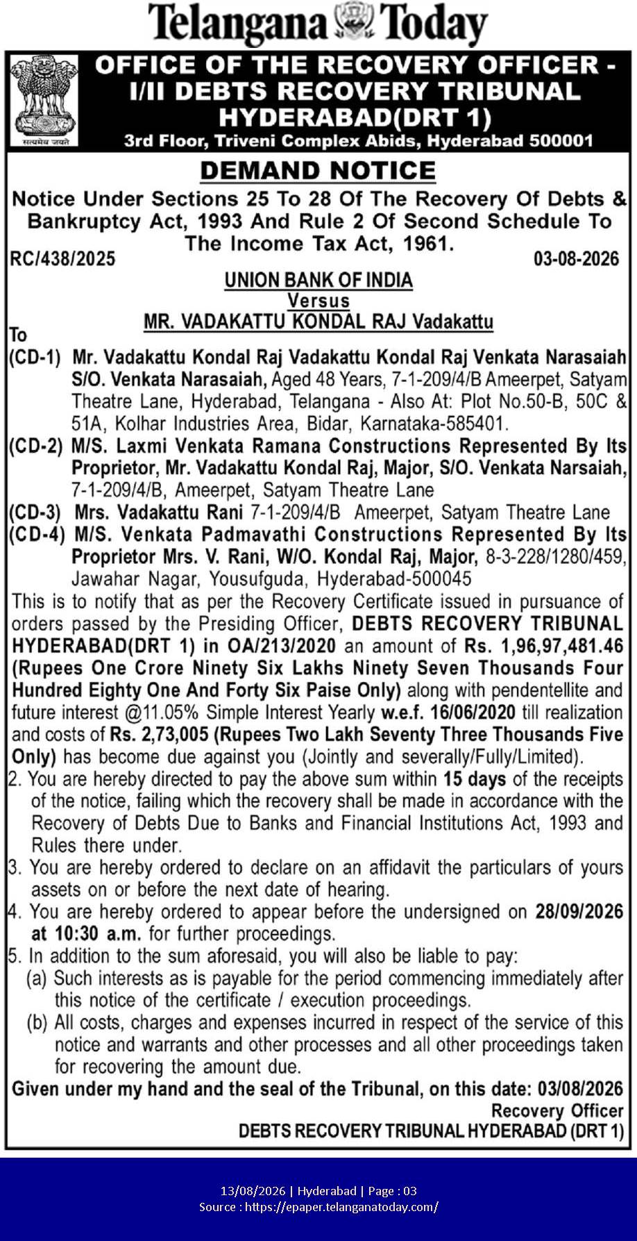 Debts Recovery Tribunal (DRT 1) Hyderabad Demand Notice – Union Bank of India vs. Mr. Vadakattu Kondal Raj (RC/438/2025)