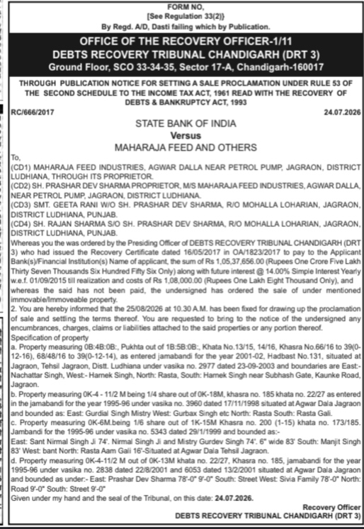 Debts Recovery Tribunal (DRT) Chandigarh Sale Proclamation Notice for State Bank of India vs. Maharaja Feed Industries
