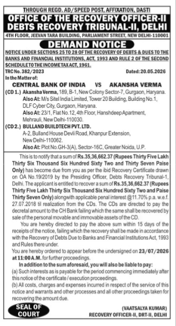 Debts Recovery Tribunal-II Demand Notice - TRC No. 382/2023