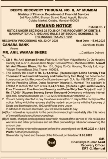 DEBTS RECOVERY TRIBUNAL NO. II, AT MUMBAI DEMAND NOTICE