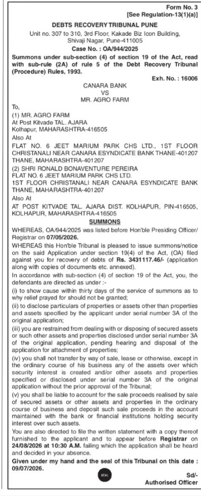 Debts Recovery Tribunal Pune Summons (Canara Bank vs. Mr. Agro Farm)