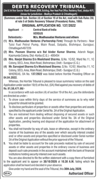 Debts Recovery Tribunal Summons (Central Bank of India v. M/s. Madhusudan Ventures & Others)