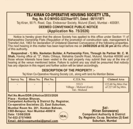 Deemed Conveyance Public Notice for Tej Kiran Co-operative Housing Society Ltd.