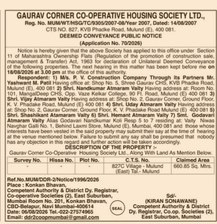 Deemed Conveyance Public Notice - Gaurav Corner Co-Operative Housing Society