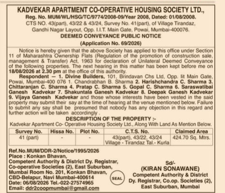 Deemed Conveyance Public Notice - Kadvekar Apartment Co-Operative Housing Society Ltd