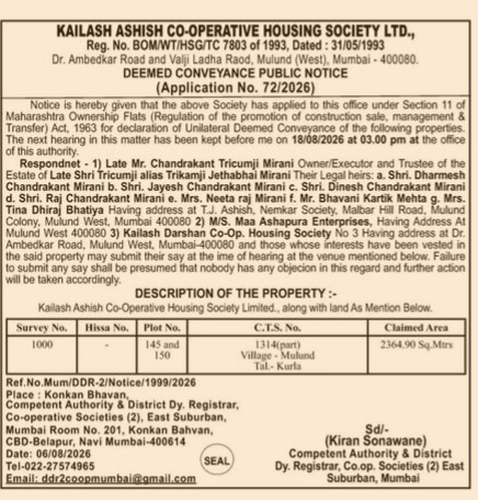 Deemed Conveyance Public Notice - Kailash Ashish Co-Operative Housing Society Ltd.