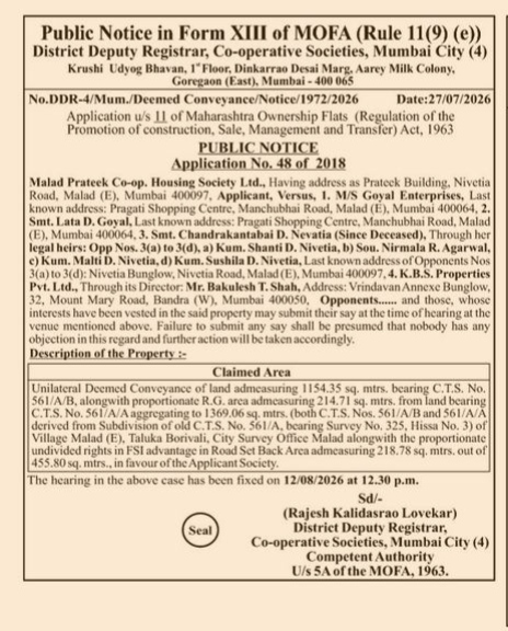 Deemed Conveyance Public Notice - Malad Prateek Co-op. Housing Society Ltd.