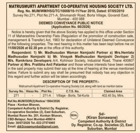 Deemed Conveyance Public Notice - Matrusmurti Apartment Co-operative Housing Society Ltd.