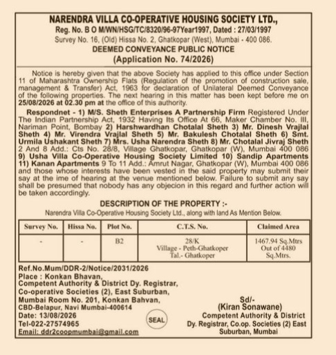 Deemed Conveyance Public Notice - Narendra Villa Co-operative Housing Society Ltd.