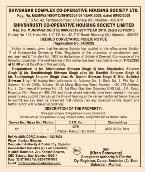 Deemed Conveyance Public Notice - Shivsagar Complex & Shivshrusti Co-Operative Housing Societies