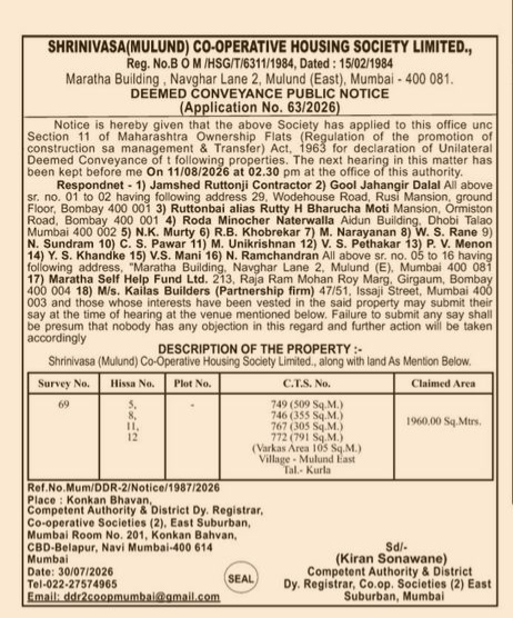 Deemed Conveyance Public Notice - Shrinivasa (Mulund) Co-Operative Housing Society Limited