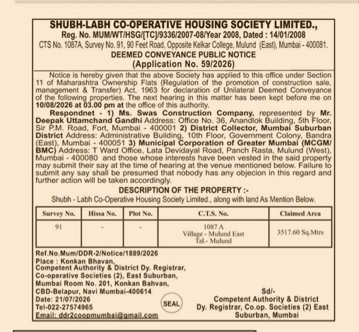 Deemed Conveyance Public Notice: Shubh-Labh Co-Operative Housing Society Limited