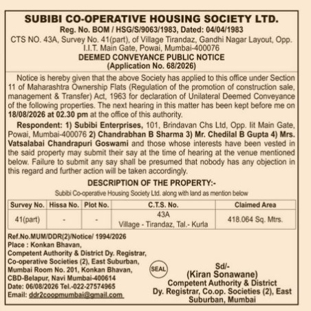 Deemed Conveyance Public Notice - Subibi Co-operative Housing Society Ltd.