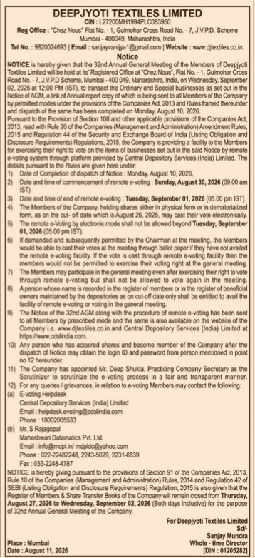 Deepjyoti Textiles Limited - Notice of 32nd Annual General Meeting and Remote E-Voting Information