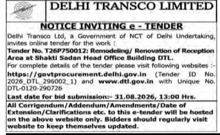 Delhi Transco Limited inviting online bids for a construction and renovation project.