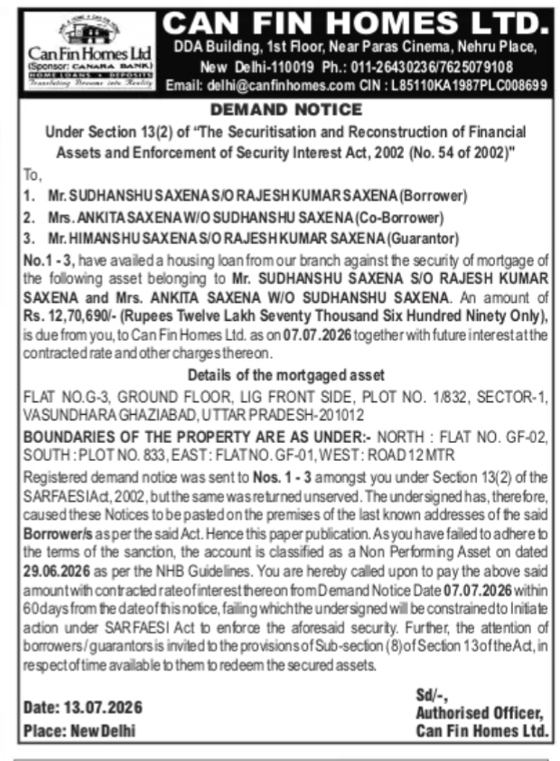 DEMAN NOTICE - CAN FIN HOMES LTD