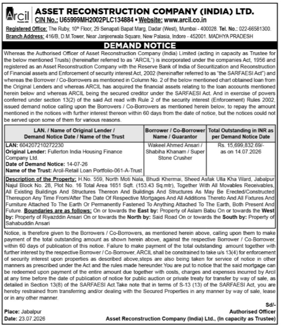 Demand Notice by Asset Reconstruction Company (India) Ltd. (Arcil) to Wakeel Ahmed Ansari & Others