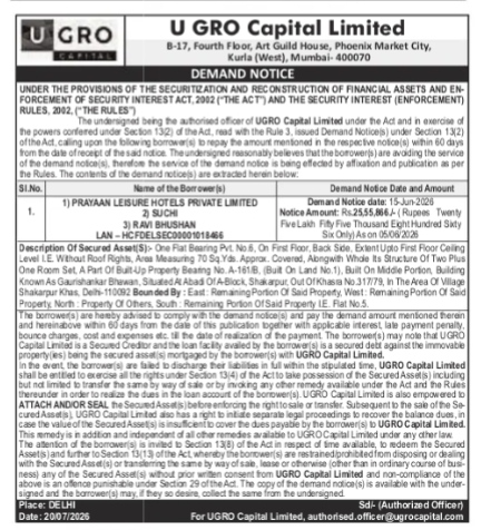 Demand Notice by U GRO Capital Limited