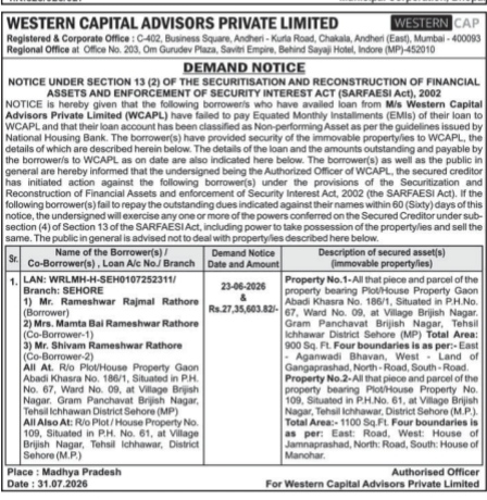 Demand Notice by Western Capital Advisors Private Limited Under SARFAESI Act, 2002
