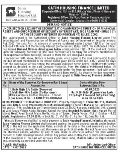 DEMAND NOTICE FROM SATIN HOUSING FINANCE