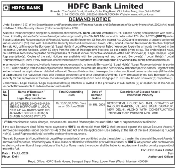 DEMAND NOTICE ISSUED BY HDFC BANK