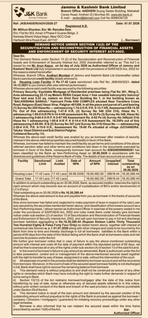DEMAND NOTICE ISSUED BY JAMMU AND KASHMIR