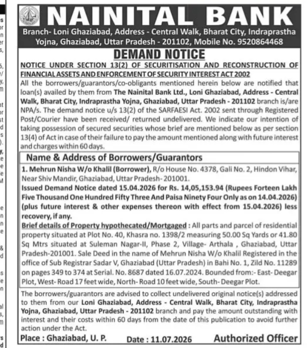DEMAND NOTICE ISSUED BY NAINITAL BANK