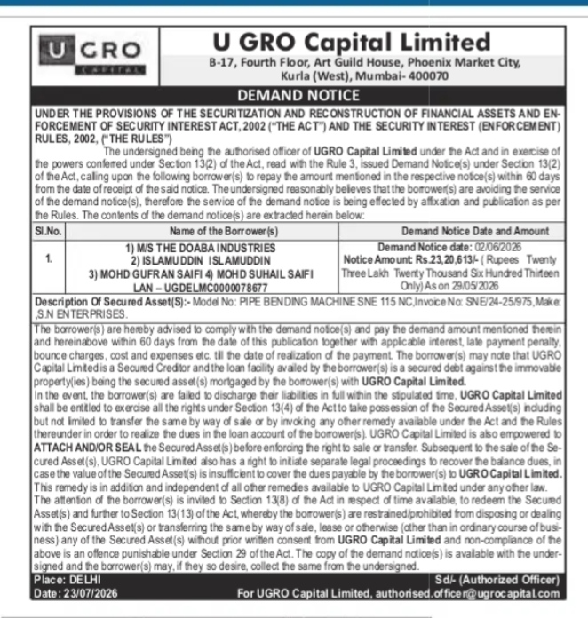 Demand Notice issued by U GRO Capital Limited