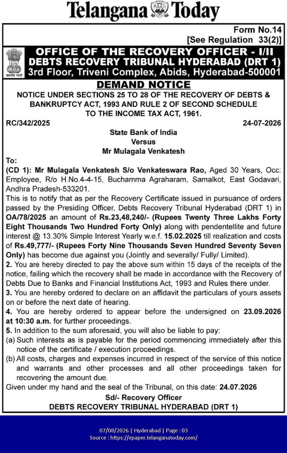 Demand Notice: State Bank of India Vs Mr. Mulagala Venkatesh