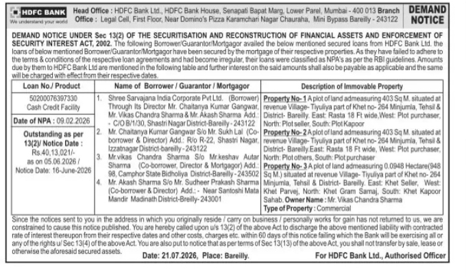DEMAND NOTICE UNDER SARFAESI ACT, 2002 BY HDFC BANK