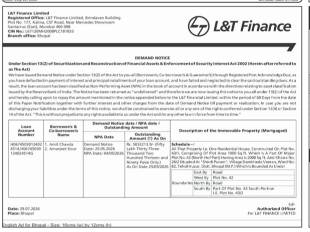 Demand Notice under SARFAESI Act, 2002 by L&T Finance Limited