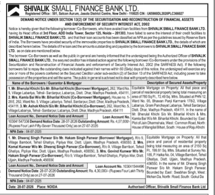 Demand Notice under SARFAESI Act, 2002 by Shivalik Small Finance Bank
