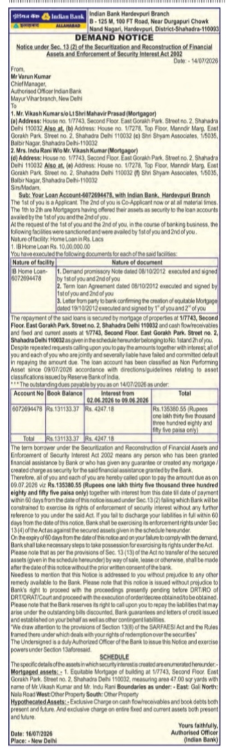 Demand Notice under SARFAESI Act, 2002 (Indian Bank)