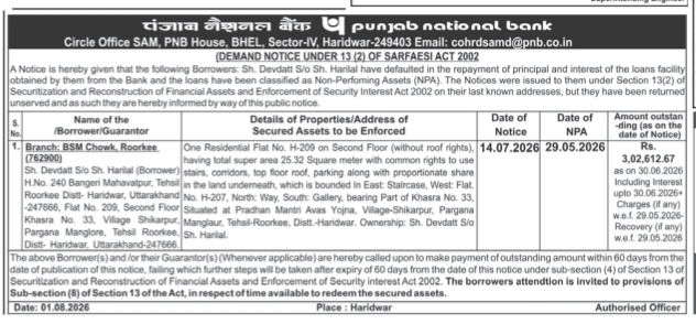 DEMAND NOTICE UNDER SECTION 13(2) OF THE SARFAESI ACT, 2002 BY PUNJAB NATIONAL BANK