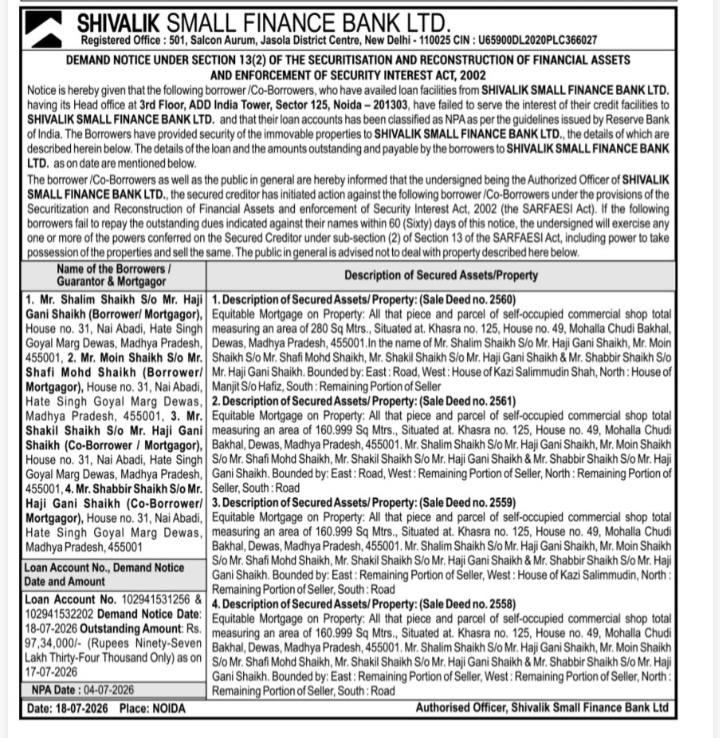 Demand Notice under Section 13(2) of the SARFAESI Act, 2002 by Shivalik Small Finance Bank Ltd.