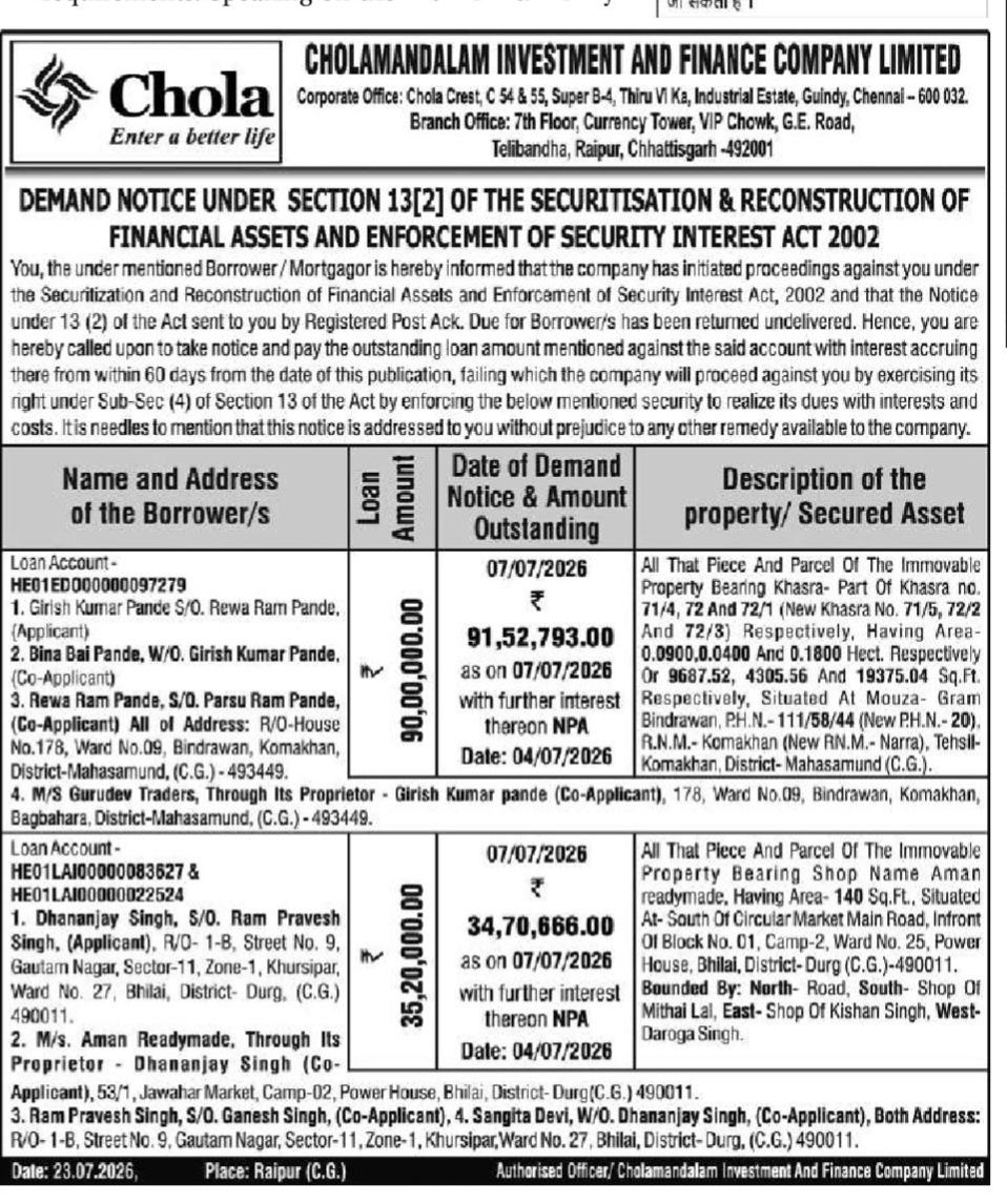 Demand Notice Under Section 13(2) of the SARFAESI Act, 2002